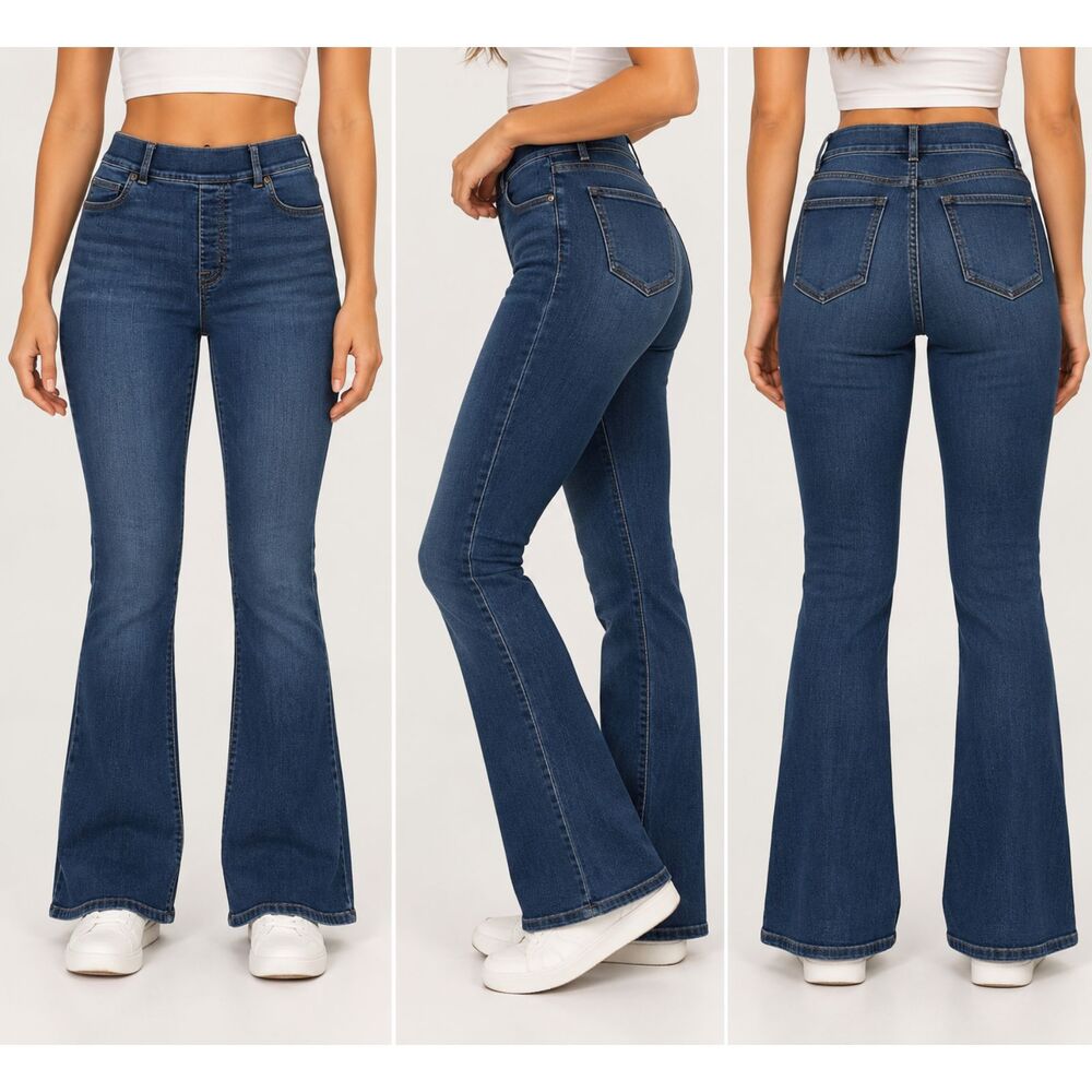 SPANX Everywhere Pull-On Flare Jeans Medium Tall Dark Wash Stretch Denim
